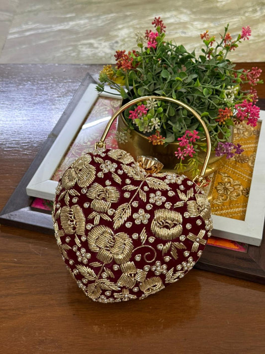 Customized Heart-Shaped Clutch with Gold & Pearl Embroidery on Both Sides | Fitted Handle & Chain
