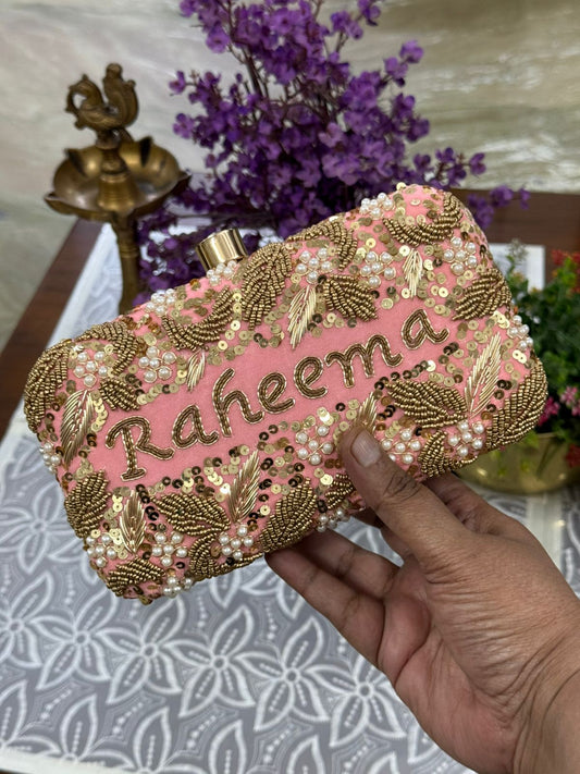 Customized Box Clutch with Both Side Name Embroidery & Chain | Handcrafted Bridal Clutch