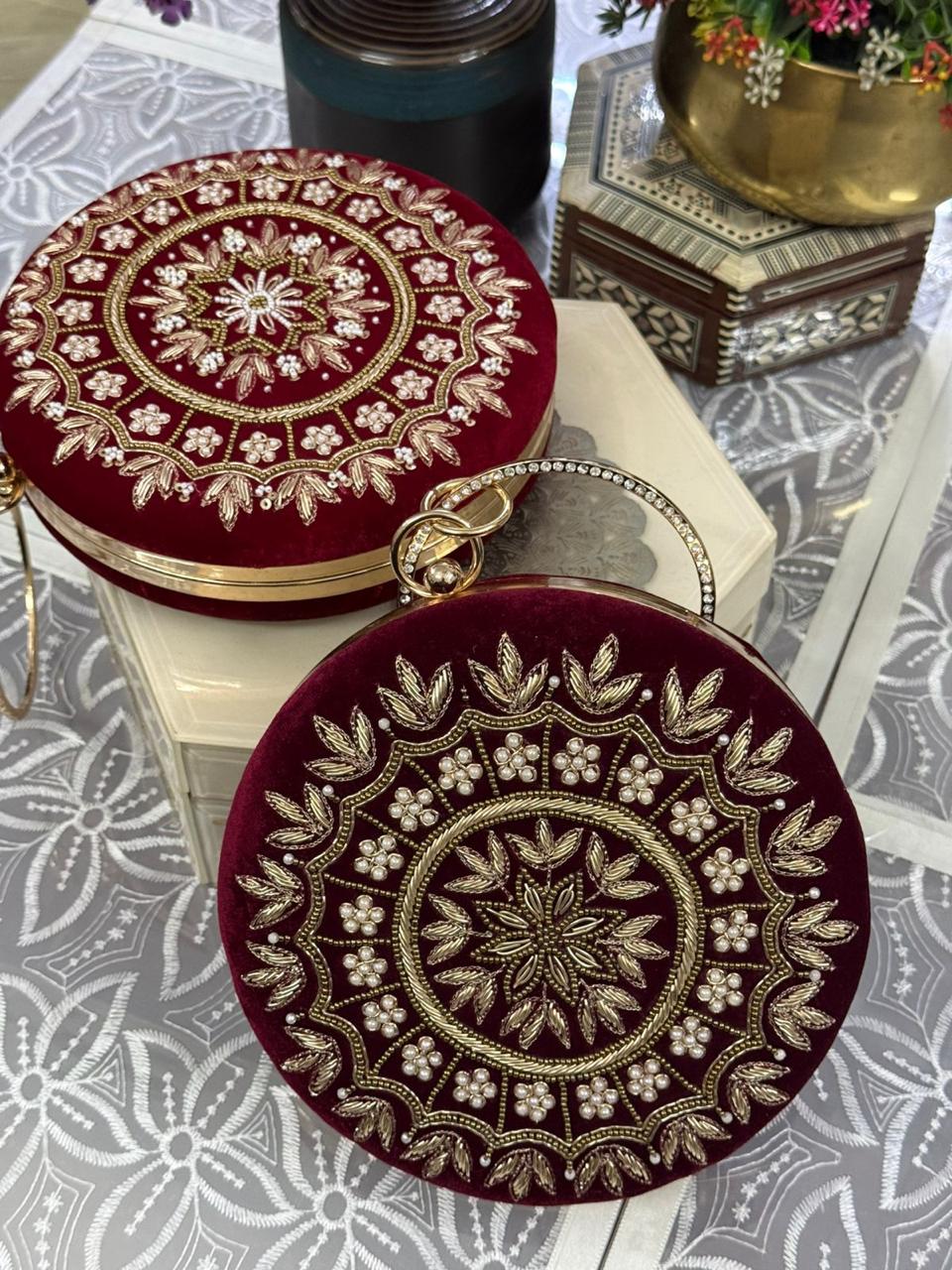 Round Hand-Embroidered mandala Clutch – Designer Party Bag | Perfect Cutt