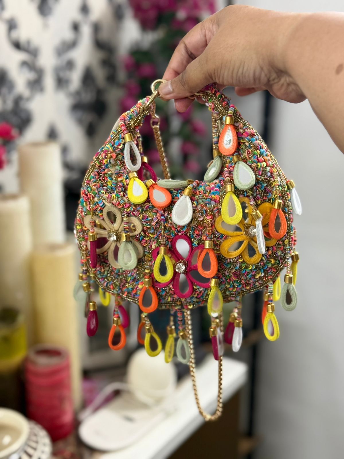 Hand Embroidered Crescent Sling Purse – Handmade Chain Bag for Bridal & Party Wear