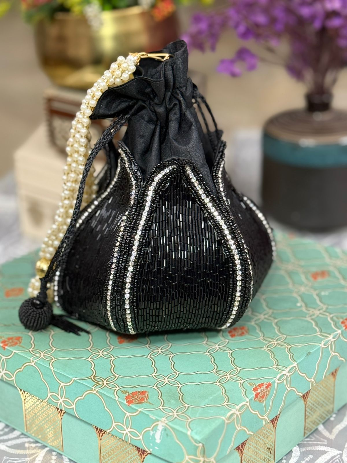 Hand Embroidered Lotus Potli – Festive Drawstring Gift Pouch | Golden, Silver & Black