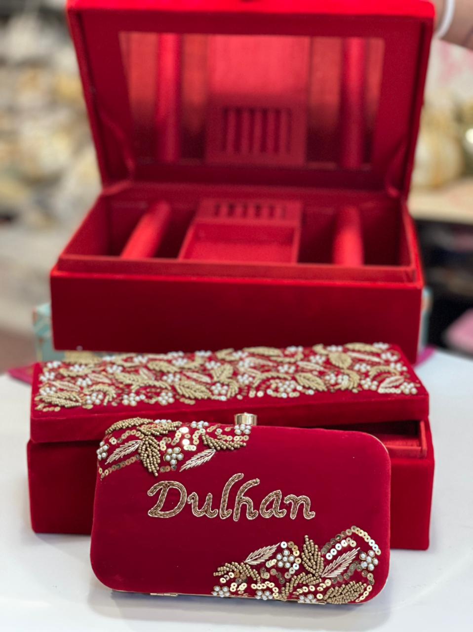 Customizable Hand Embroidered Combo Set - Jewellery Box, Choora Box & Clutch
