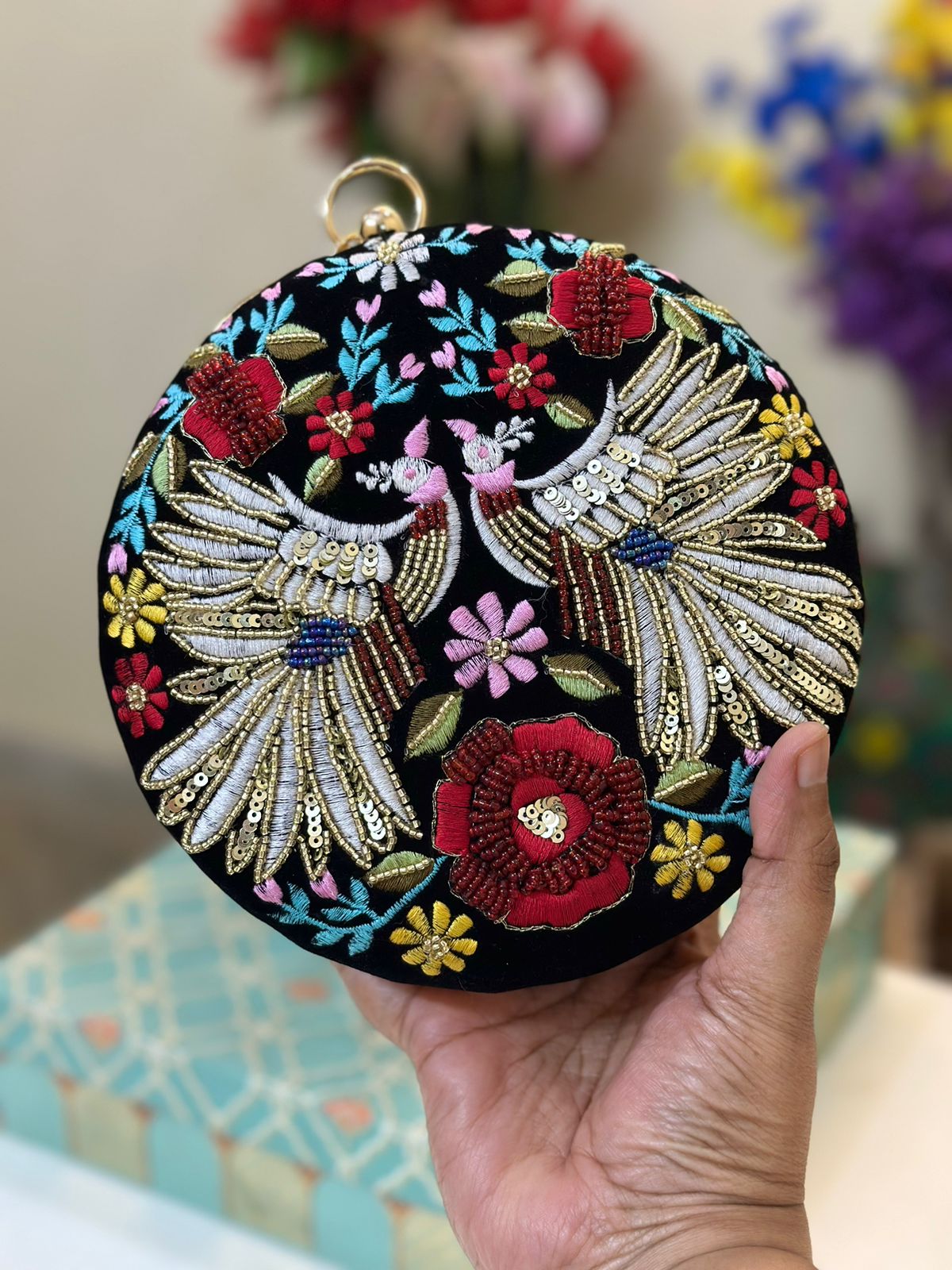 Round Hand Embroidered Clutch – luxury evening clutch with sequins & embroidery from Perfect Cutt