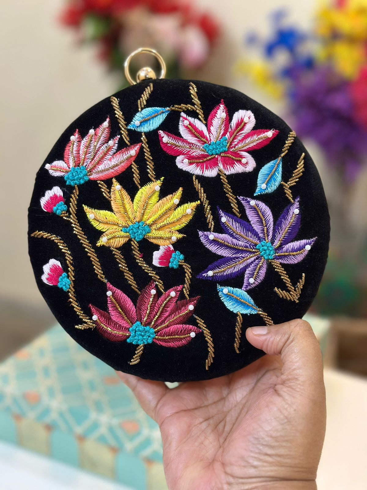 Round Hand Embroidered Clutch 5003 – luxury evening clutch with sequins & embroidery from Perfect Cutt