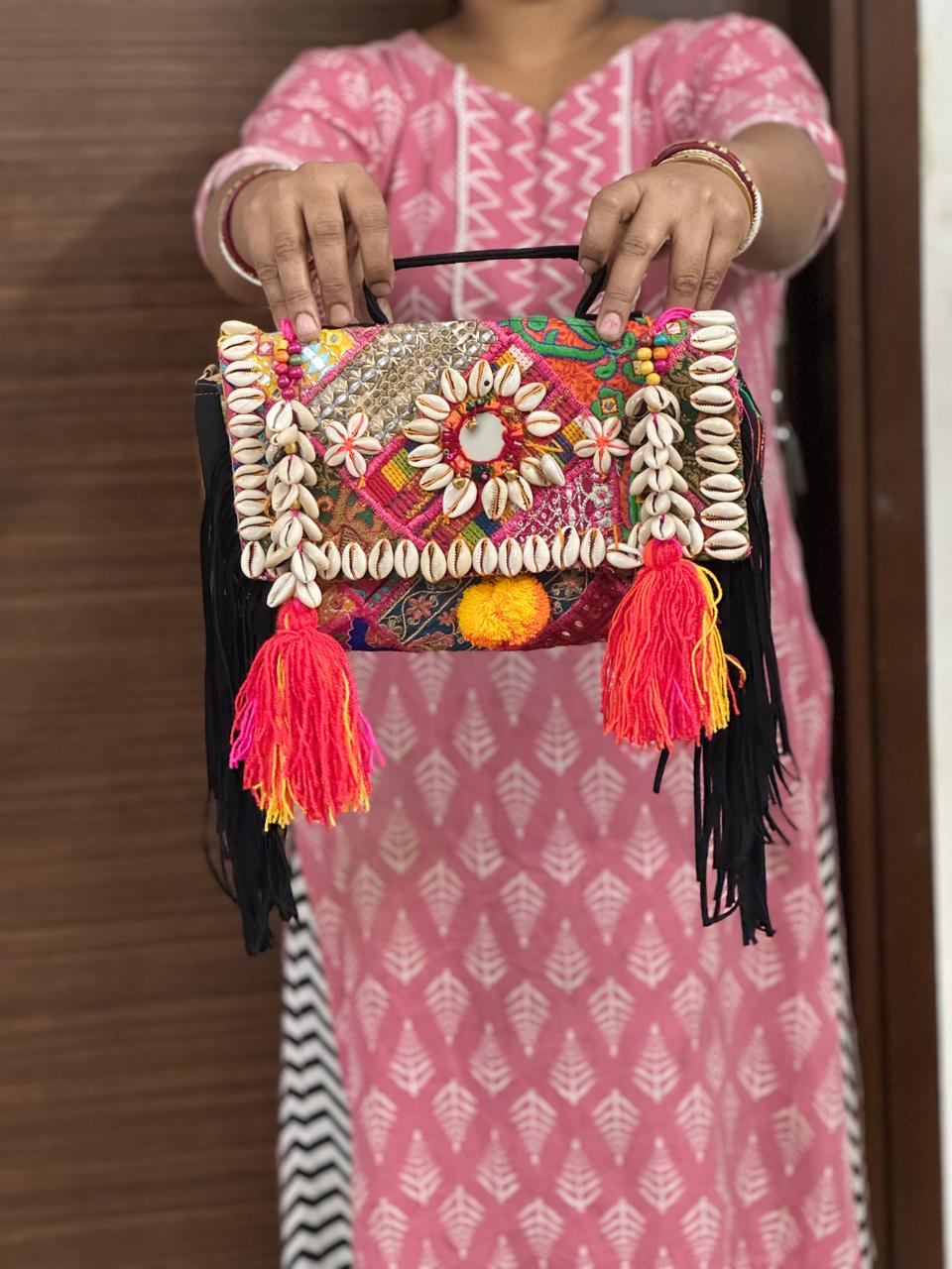 Banjara Fringe Sling Bag – handcrafted boho-style embroidered sling with tribal motifs and fringe from Perfect Cutt