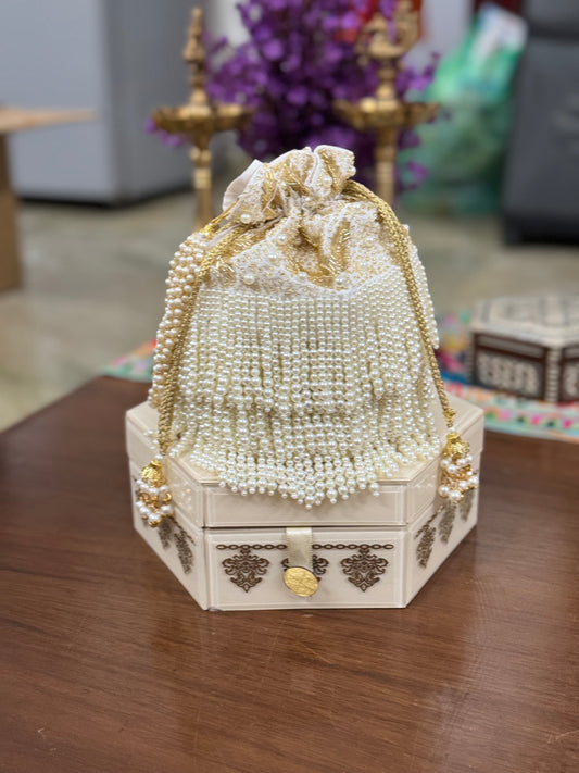 Pearl Work Embroidered Heavy Tassel Cylinder Potli