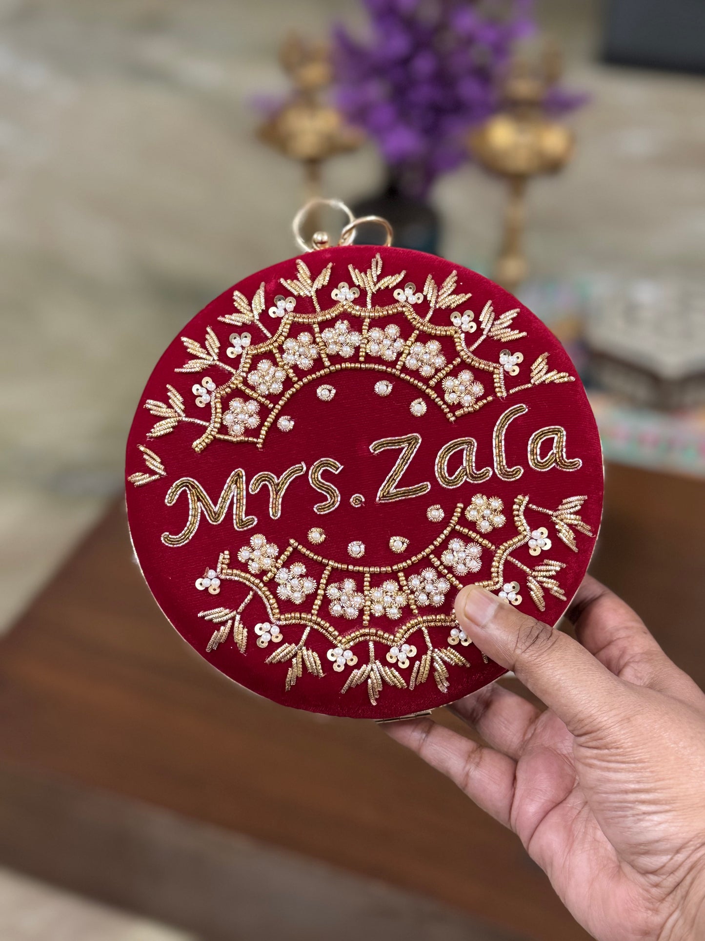Customized Round Clutch with Pearl & Gold Embroidery on Both Sides | Chain & Bangle Handle