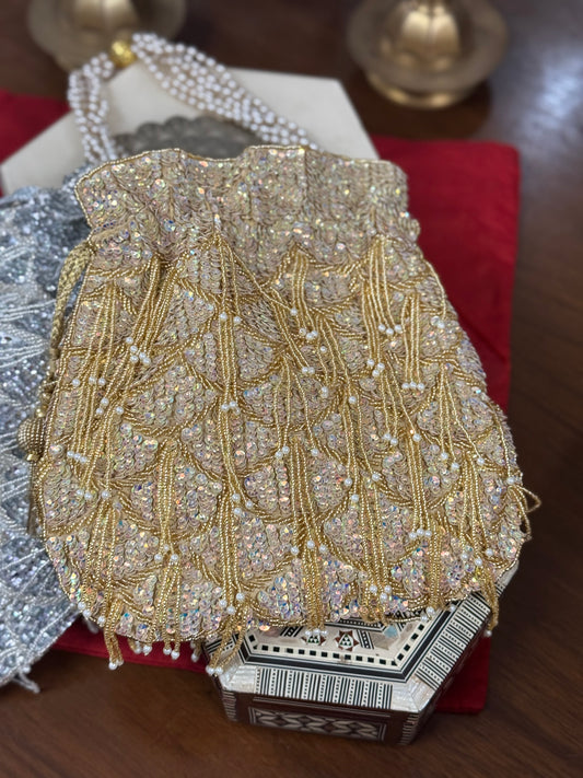 Gold Sequin & Embroidery Potli Bag with Pearl Handle & Tassel Details | Handcrafted Wedding Clutch