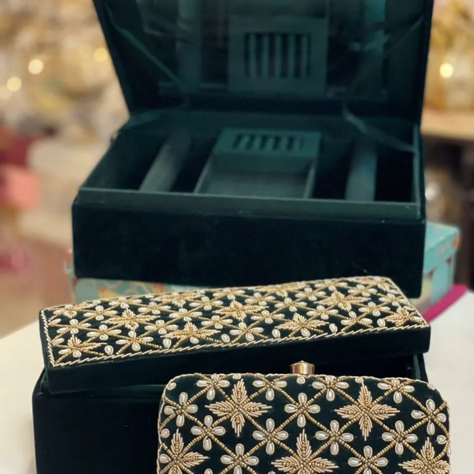 Customizable Hand Embroidered Combo Set - Jewellery Box, Choora Box & Clutch