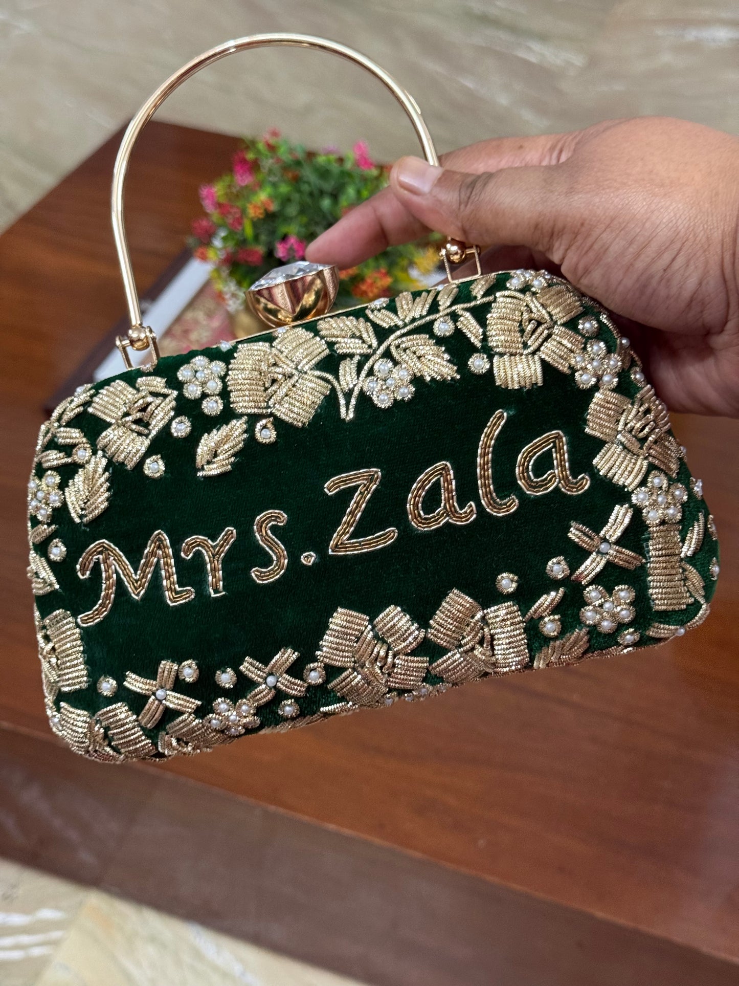 Customized Box Clutch with Gold Embroidery on Both Sides | Fitted Handle & Chain