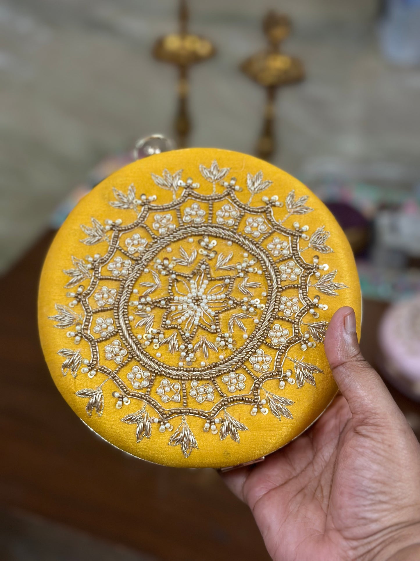 Round Hand Embroidered Mandala Clutch – luxury evening clutch with sequins & embroidery from Perfect Cutt