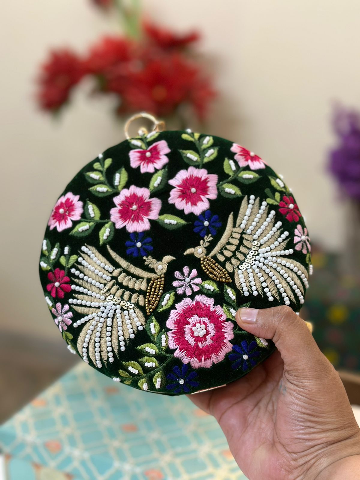 Round Hand Embroidered Clutch – luxury evening clutch with sequins & embroidery from Perfect Cutt