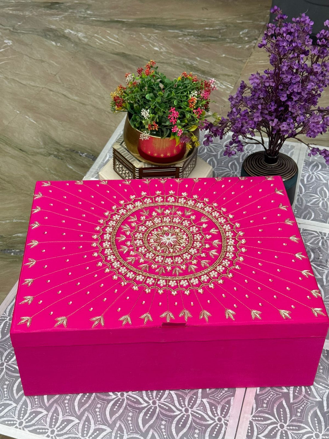 Hand embroidered bridal trousseau box for Indian wedding gifting