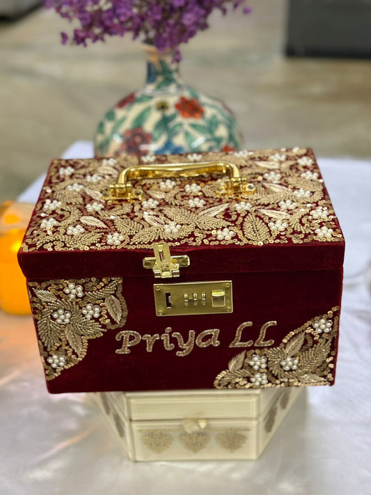 Hand embroidered bridal makeup box by Perfect Cutt for coordinated wedding gifting