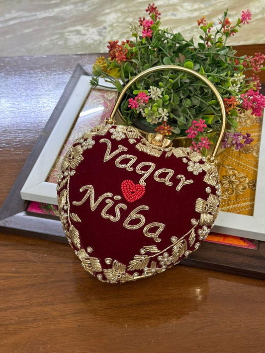 Customized Heart-Shaped Clutch with Gold & Pearl Embroidery on Both Sides | Fitted Handle & Chain