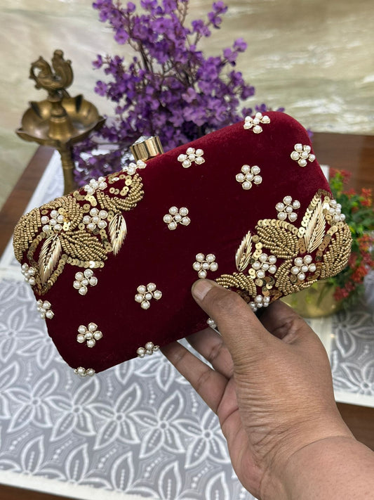 Customized Box Clutch with Pearl & Gold Embroidery on Both Sides | Handcrafted Bridal Clutch