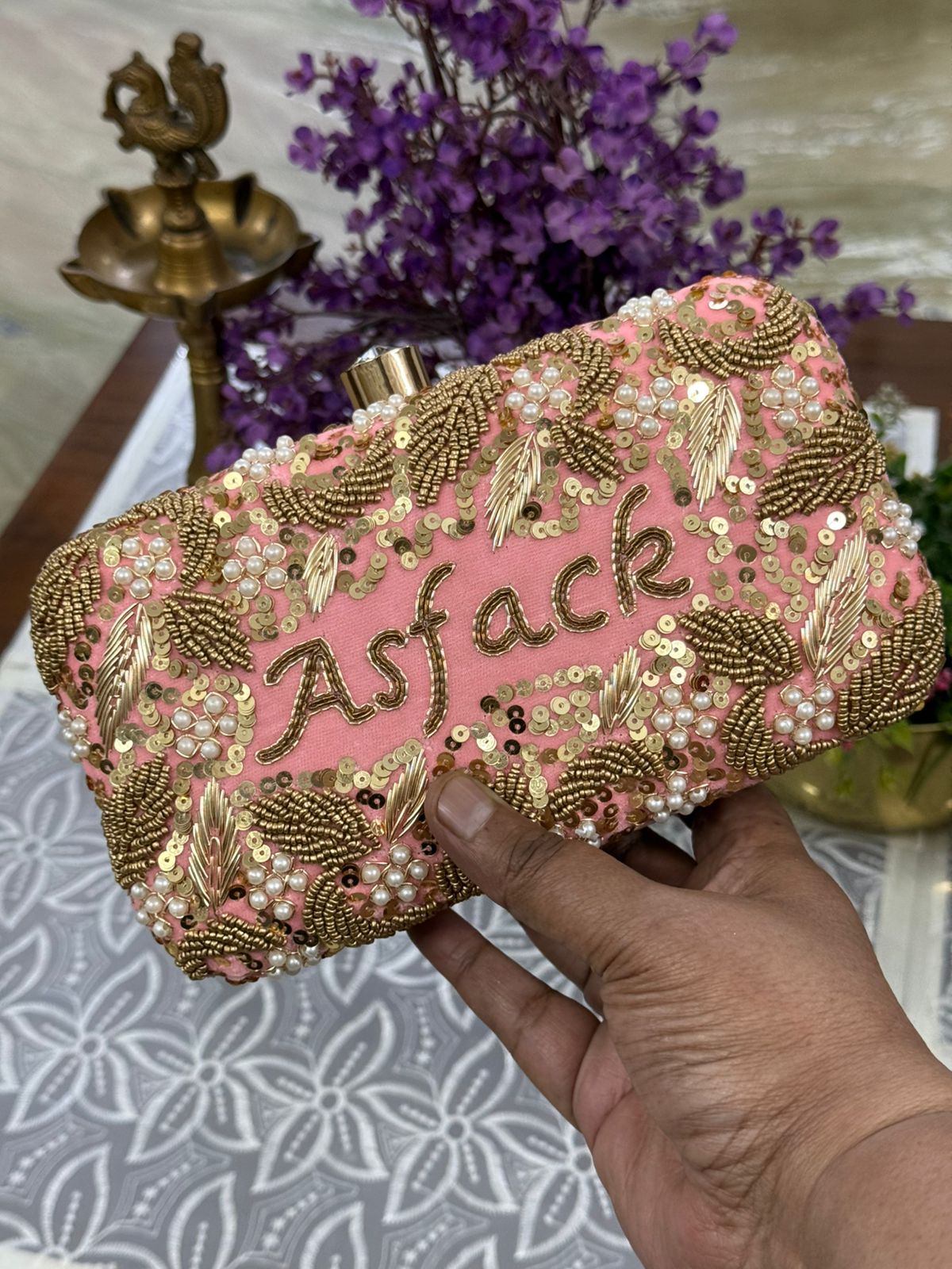 Customized Box Clutch with Both Side Name Embroidery & Chain | Handcrafted Bridal Clutch