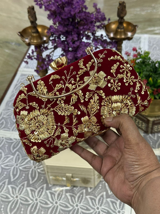 Customized Box Clutch with Gold Embroidery on Both Sides | Fitted Handle & Chain