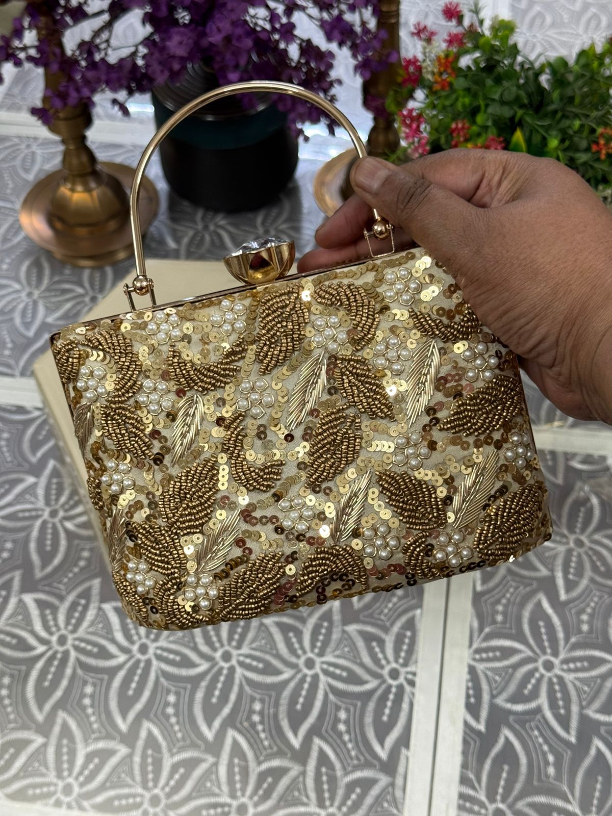 Customized Box Clutch with Pearl & Gold Embroidery on Both Sides | Chain & Handle
