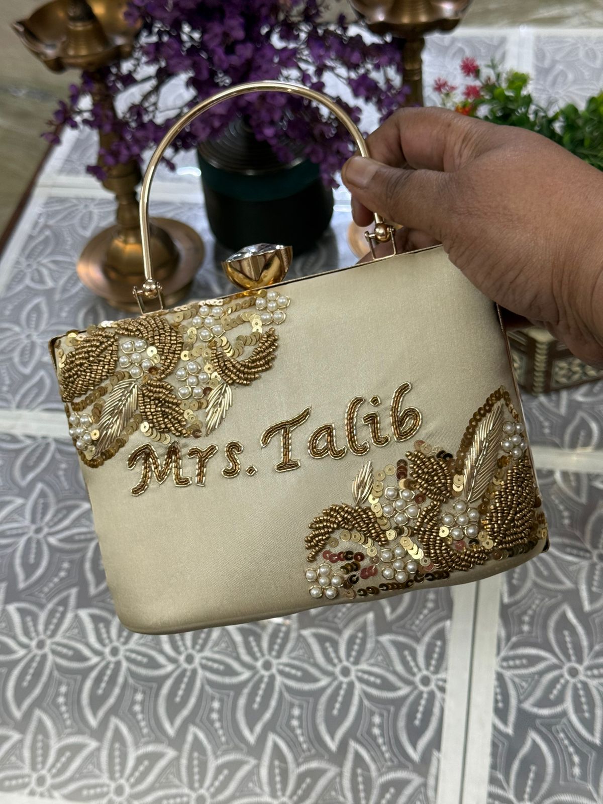Customized Box Clutch with Pearl & Gold Embroidery on Both Sides | Chain & Handle