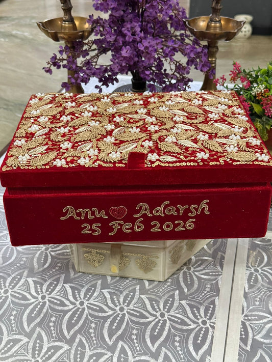 Handcrafted Embroidered Bangle Box with 3 Rods & Mirror | Customizable Wedding Gift