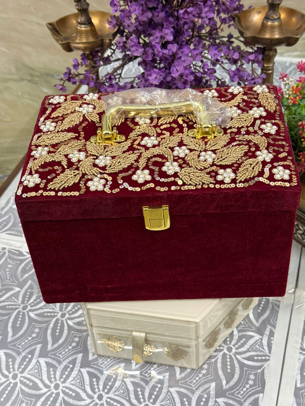 Handcrafted Embroidered Makeup Box with Mirror | Customizable Wedding Gift
