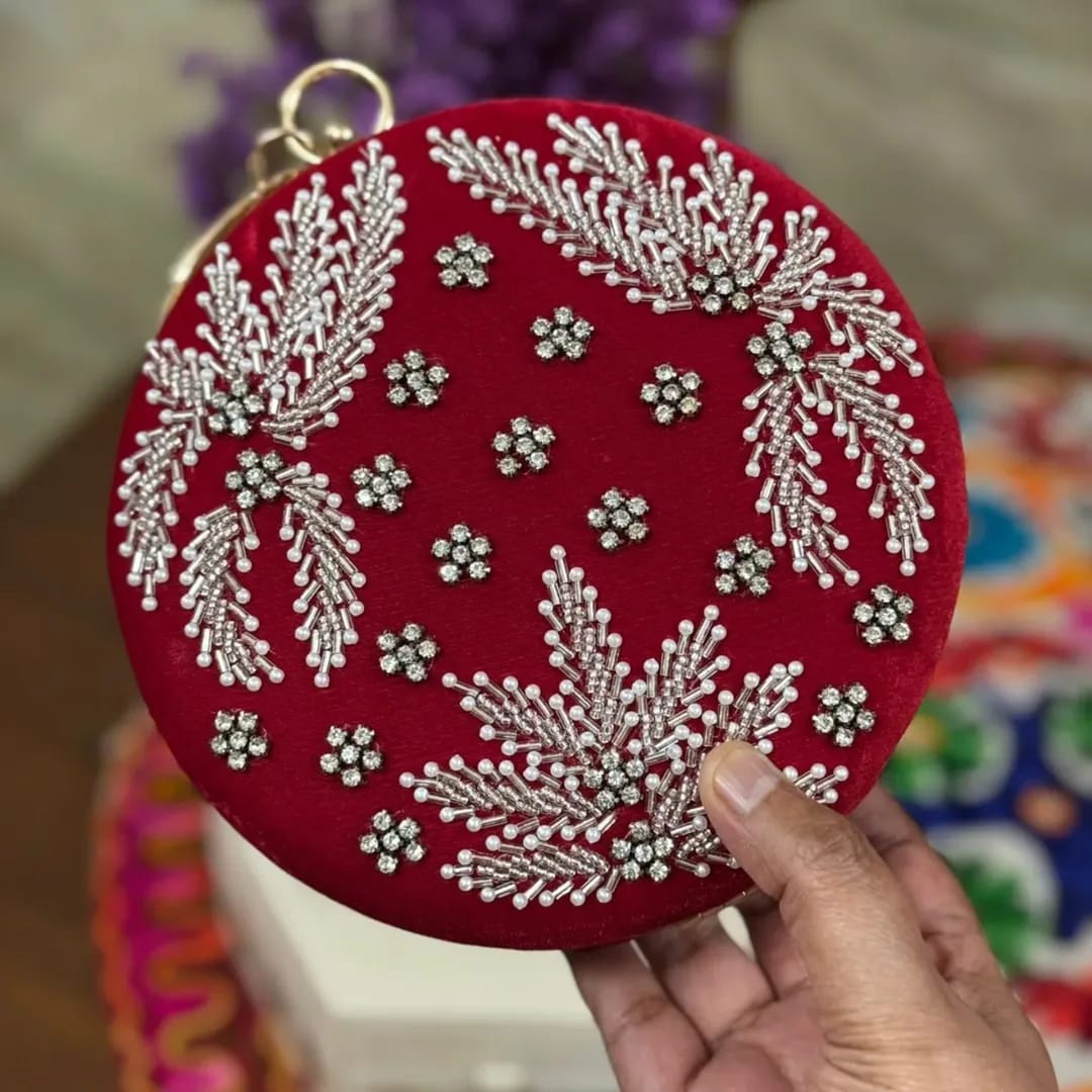 Customized Round Clutch with Silver Embroidery & Chain Strap | Handcrafted Bridal Clutch