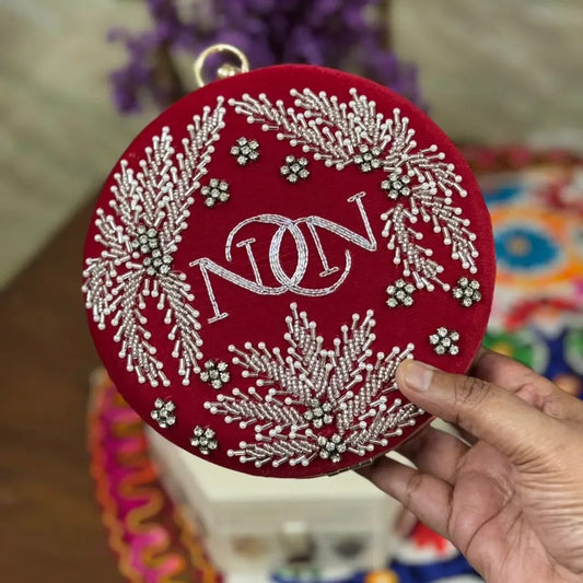 Customized Round Clutch with Silver Embroidery & Chain Strap | Handcrafted Bridal Clutch