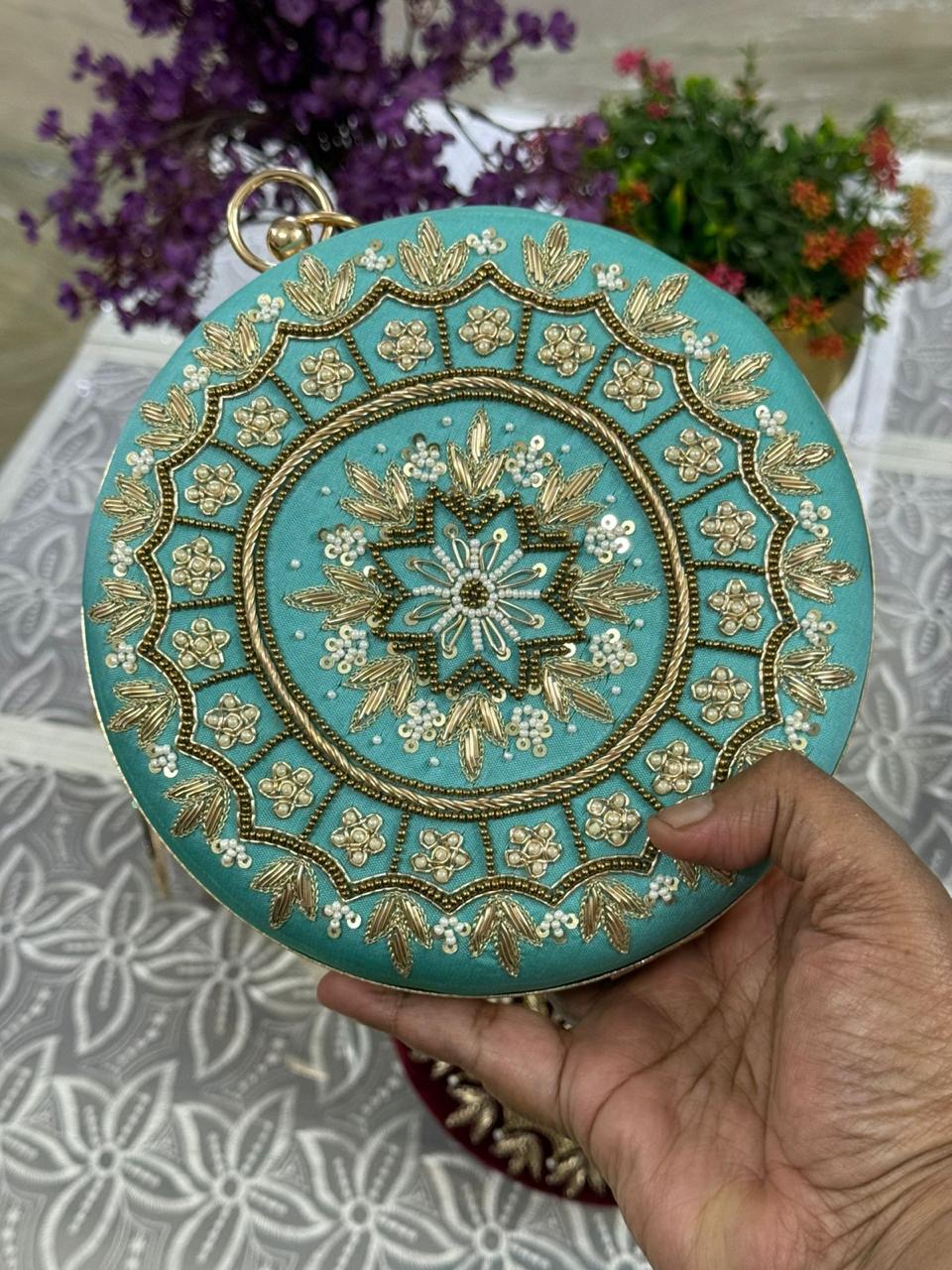 Round Hand-Embroidered mandala Clutch – Designer Party Bag | Perfect Cutt