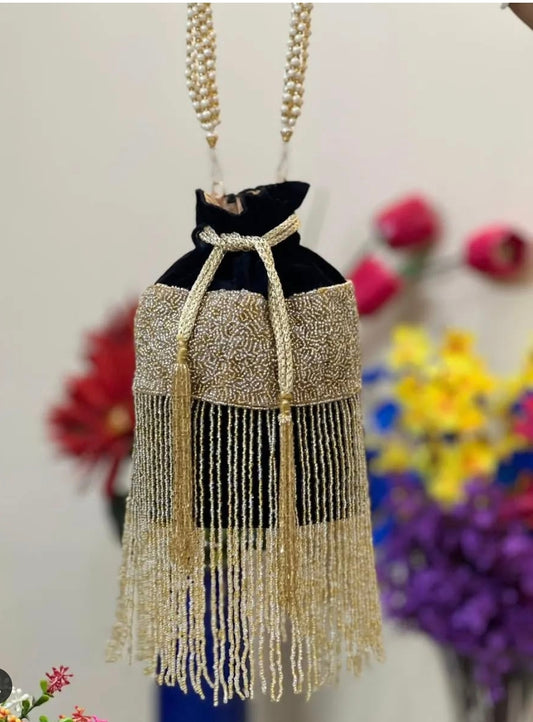 Long Golden Tassel Cylindrical Potli Bag - White, Black & Pink