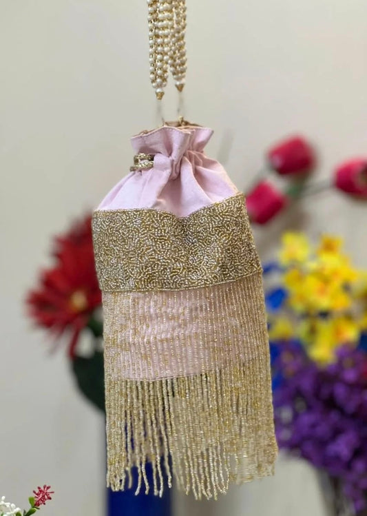 Long Golden Tassel Cylindrical Potli Bag - White, Black & Pink
