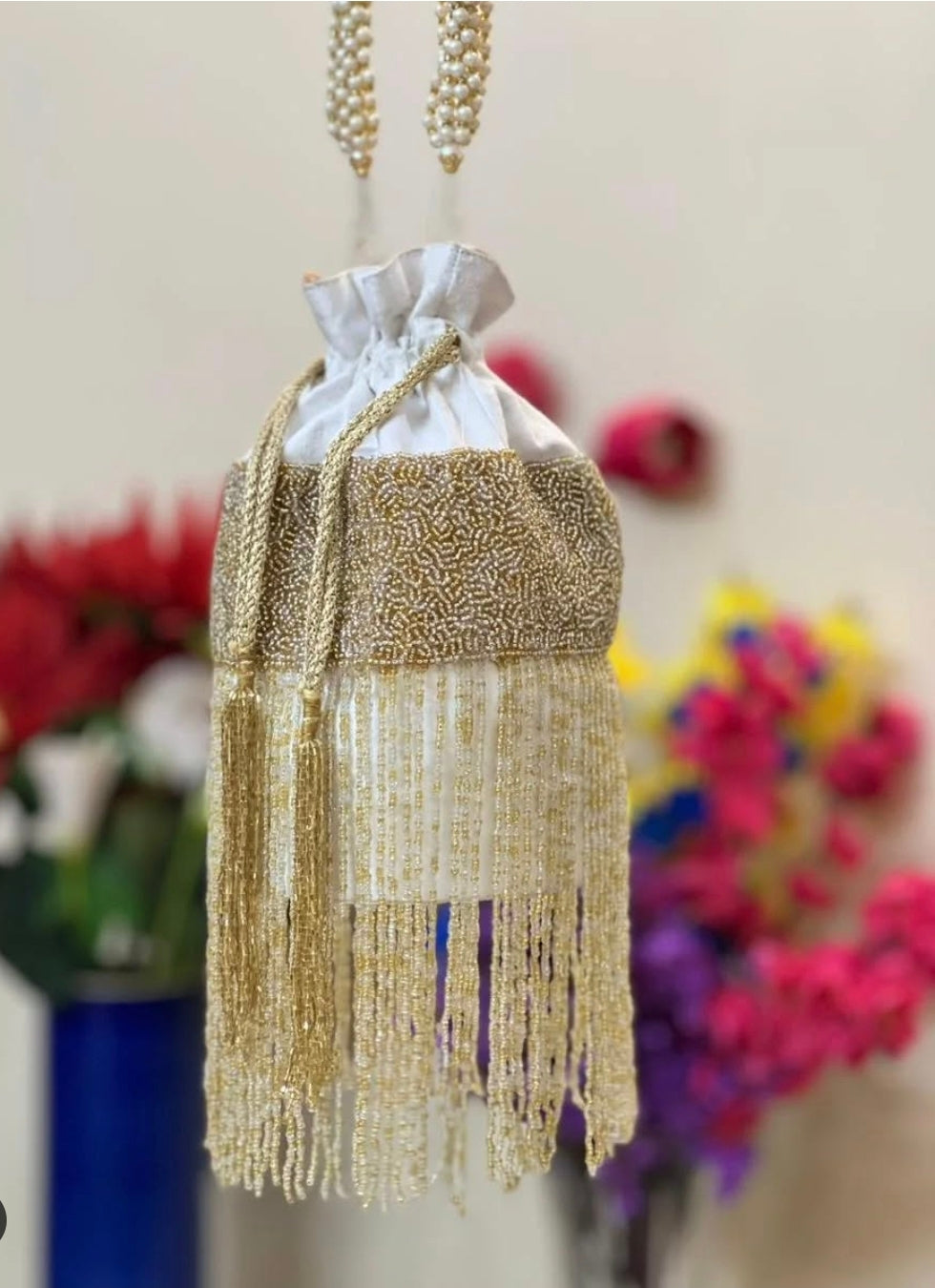 Long Golden Tassel Cylindrical Potli Bag - White, Black & Pink