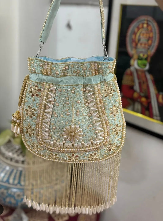 Embroidered Tasselled Potli Bag - Purple & Green