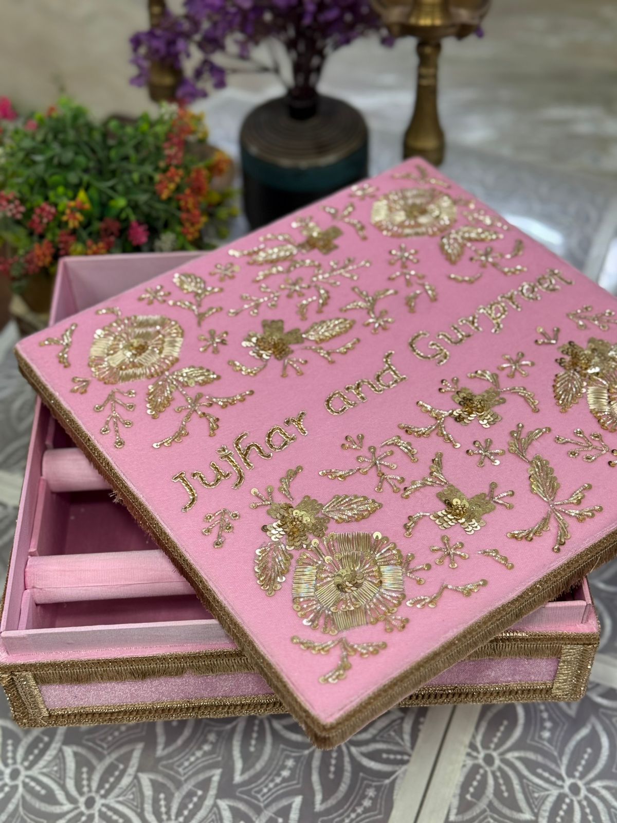 Hand Embroidered Customized Open Top Bangle Box – With Bangle Rods & Khalirey Space
