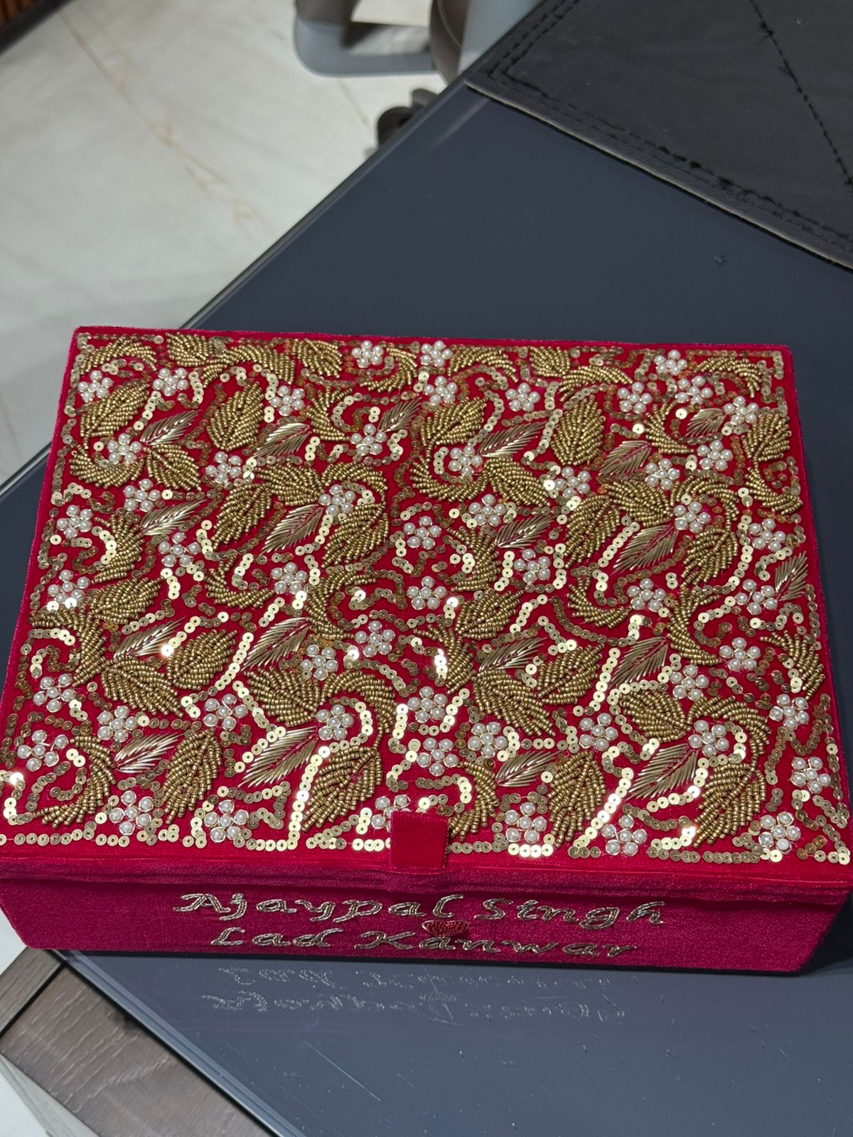 Hand Embroidered Customized Bangle Box – Personalised Choora & Bangle Storage with Mirror & Mangalsutra Tray