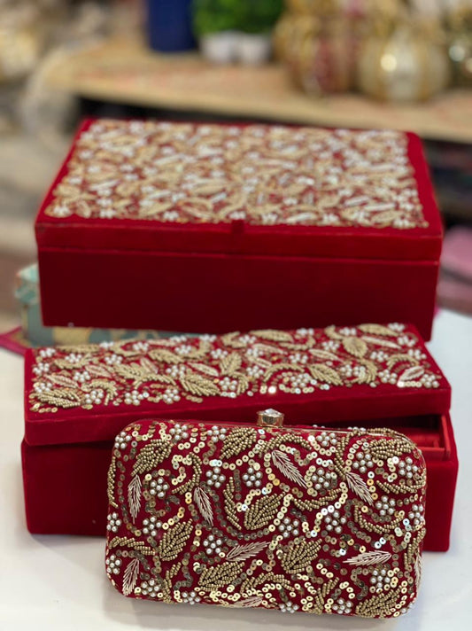Customizable Hand Embroidered Combo Set - Jewellery Box, Choora Box & Clutch