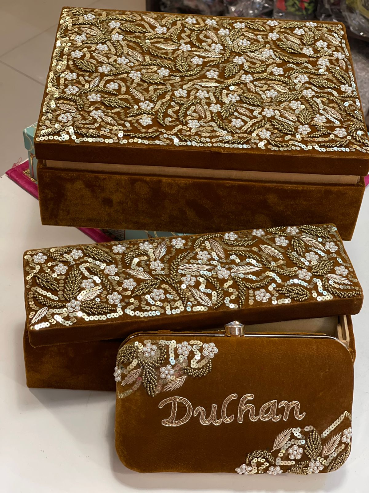 Customizable Hand Embroidered Combo Set - Jewellery Box, Choora Box & Clutch