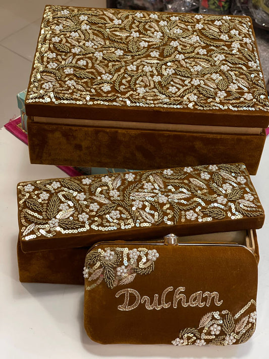 Customizable Hand Embroidered Combo Set - Jewellery Box, Choora Box & Clutch