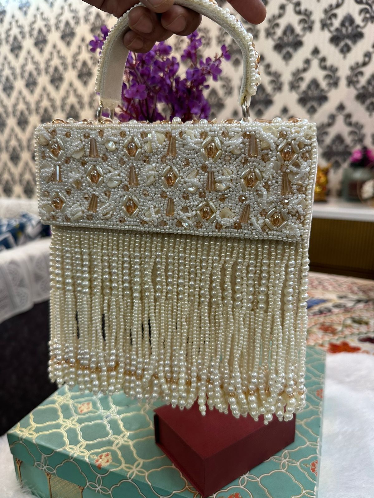 Hand Embroidered Pearl and Stone work designer clutch 902