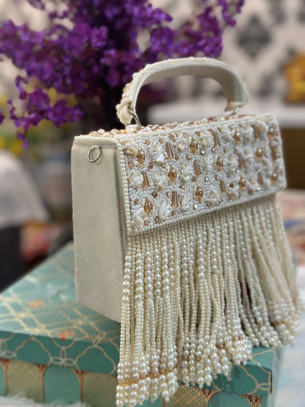 Hand Embroidered Pearl and Stone work designer clutch 902