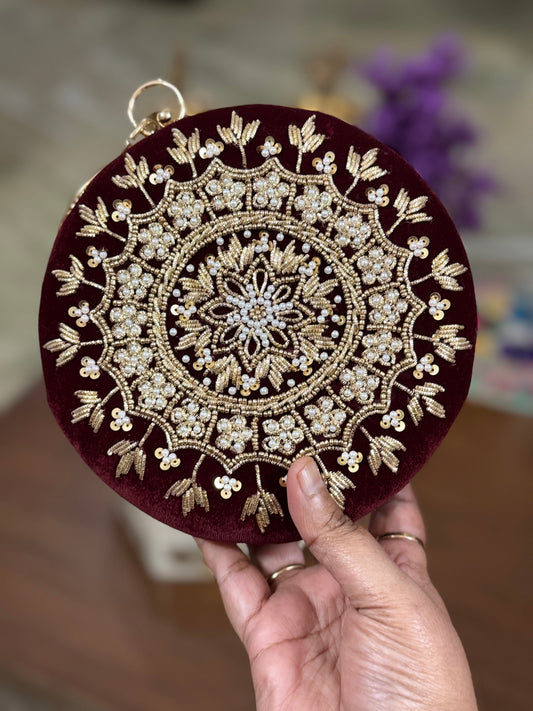 Customized Round Clutch with Pearl & Gold Embroidery on Both Sides | Chain & Bangle Handle