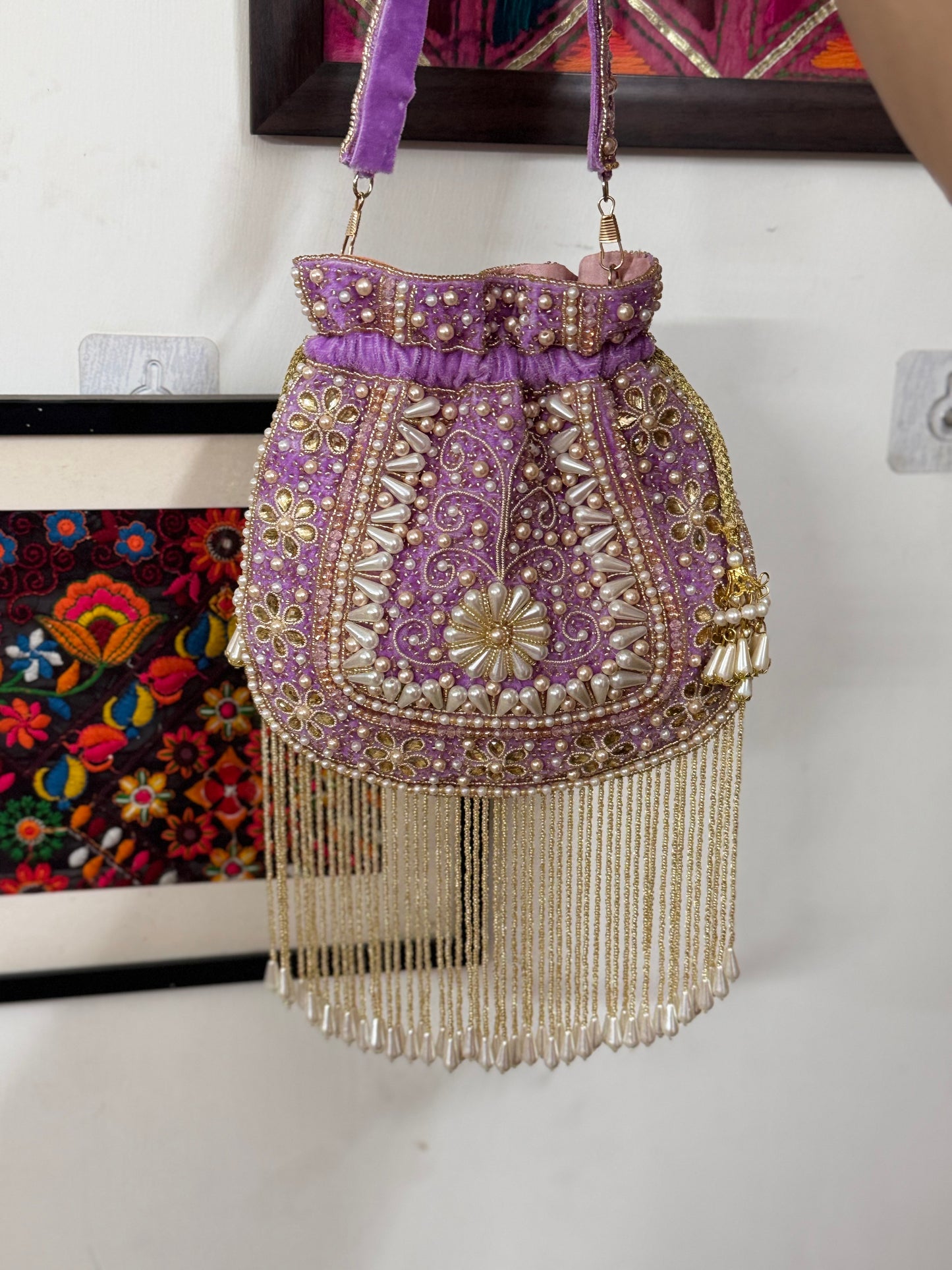 Embroidered Tasselled Potli Bag - Purple & Green