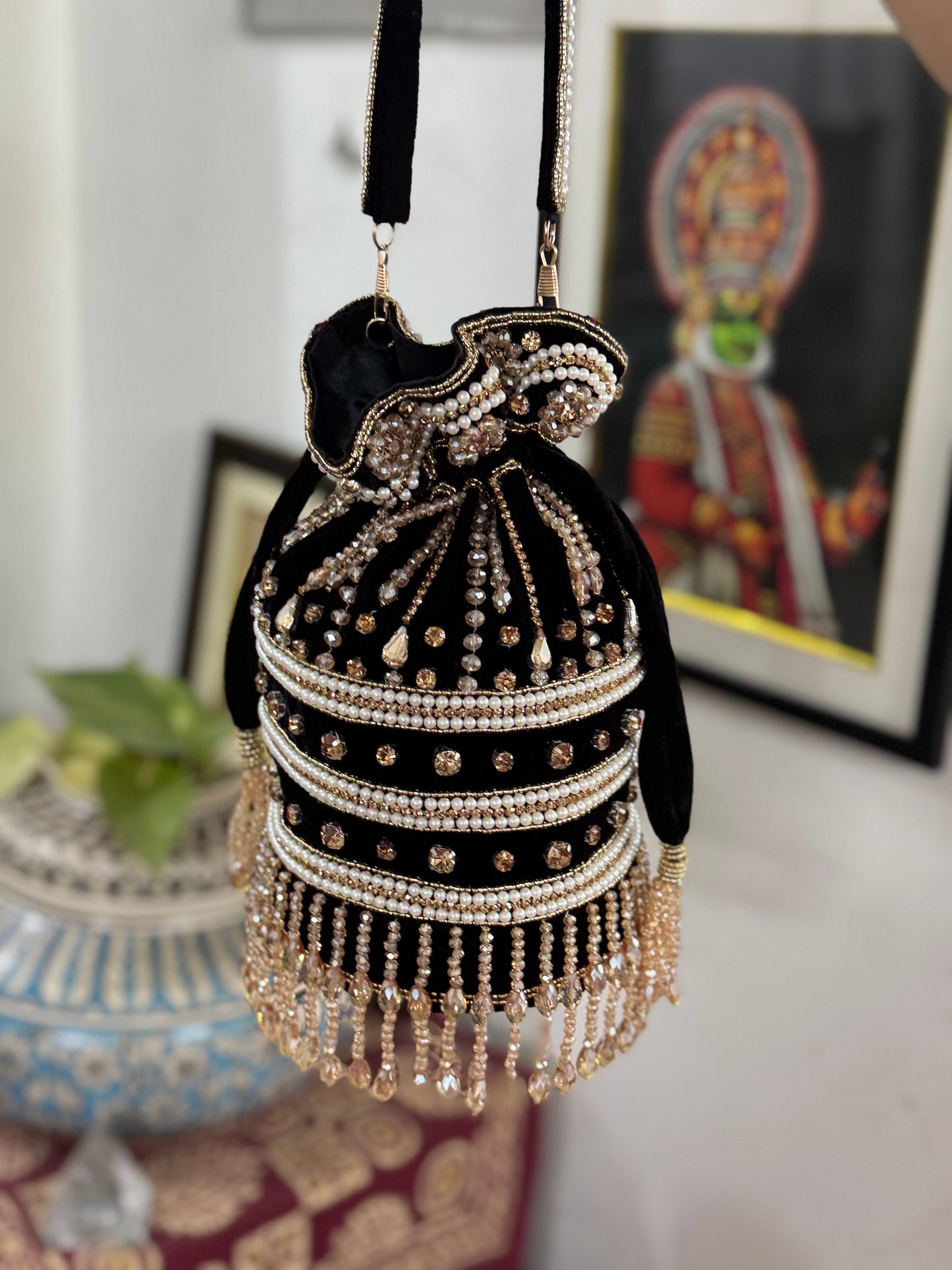 Crystal Work Potli Bag - Black & Maroon