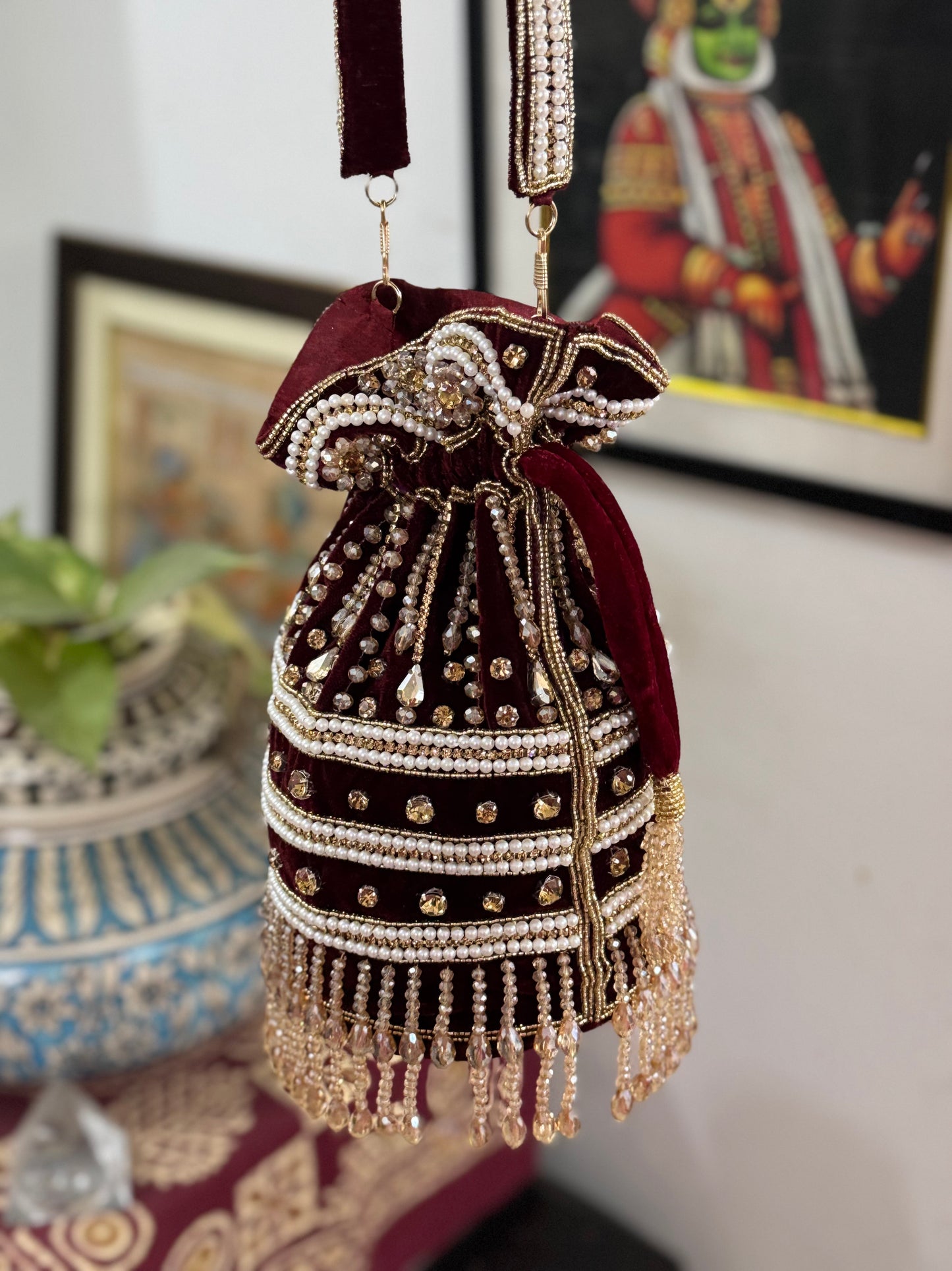 Crystal Work Potli Bag - Black & Maroon
