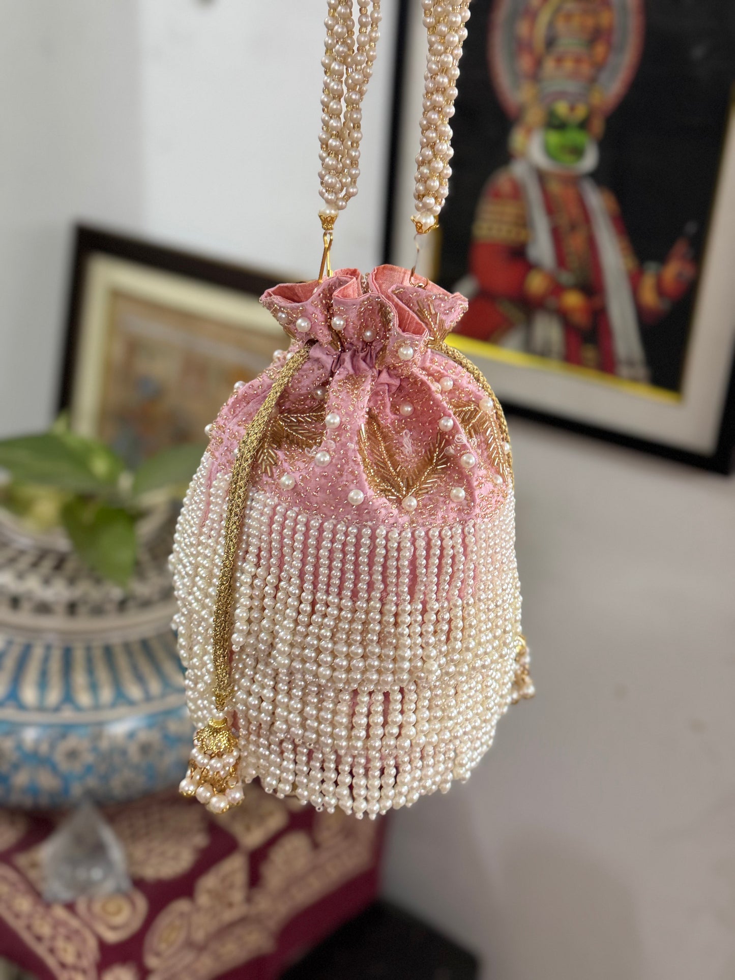 Pearl Work Embroidered Heavy Tassel Cylinder Potli