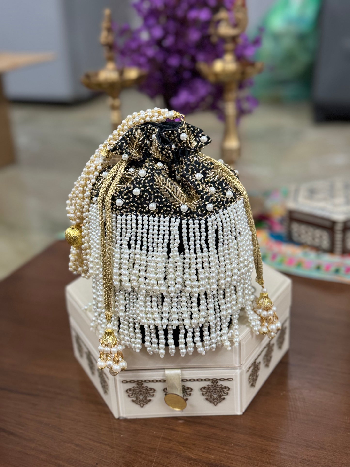 Pearl Work Embroidered Heavy Tassel Cylinder Potli