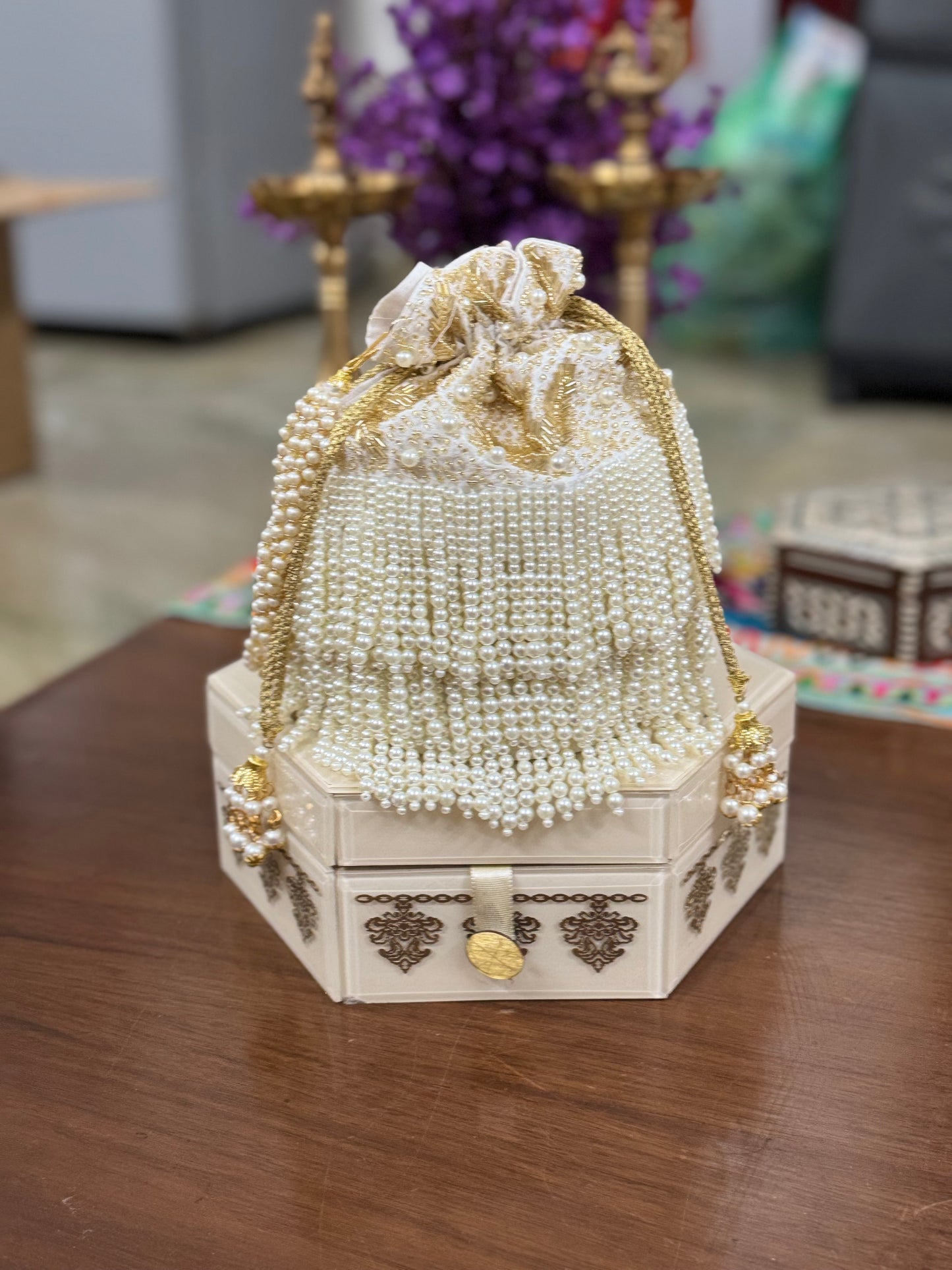 Pearl Work Embroidered Heavy Tassel Cylinder Potli