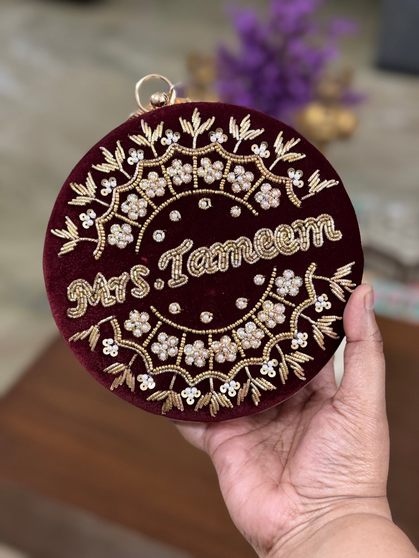 Customized Round Clutch with Pearl & Gold Embroidery on Both Sides | Chain & Bangle Handle