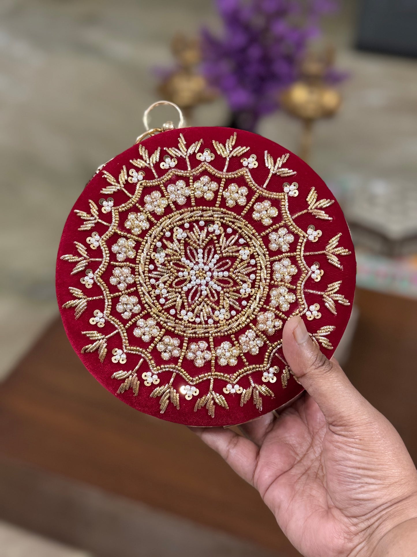 Customized Round Clutch with Pearl & Gold Embroidery on Both Sides | Chain & Bangle Handle
