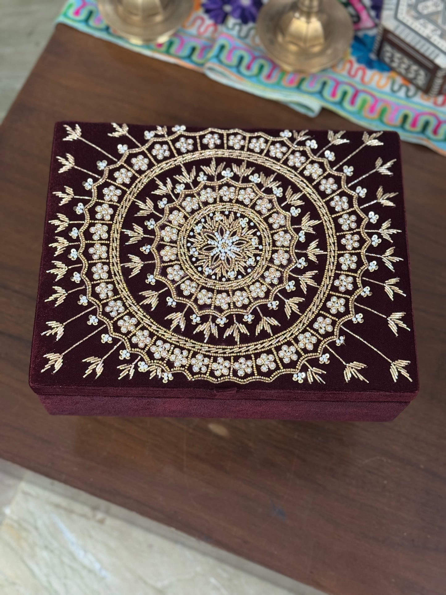 Handcrafted Embroidered Bangle Box with Mirror & Jewelry Tray | Customizable Wedding Gift